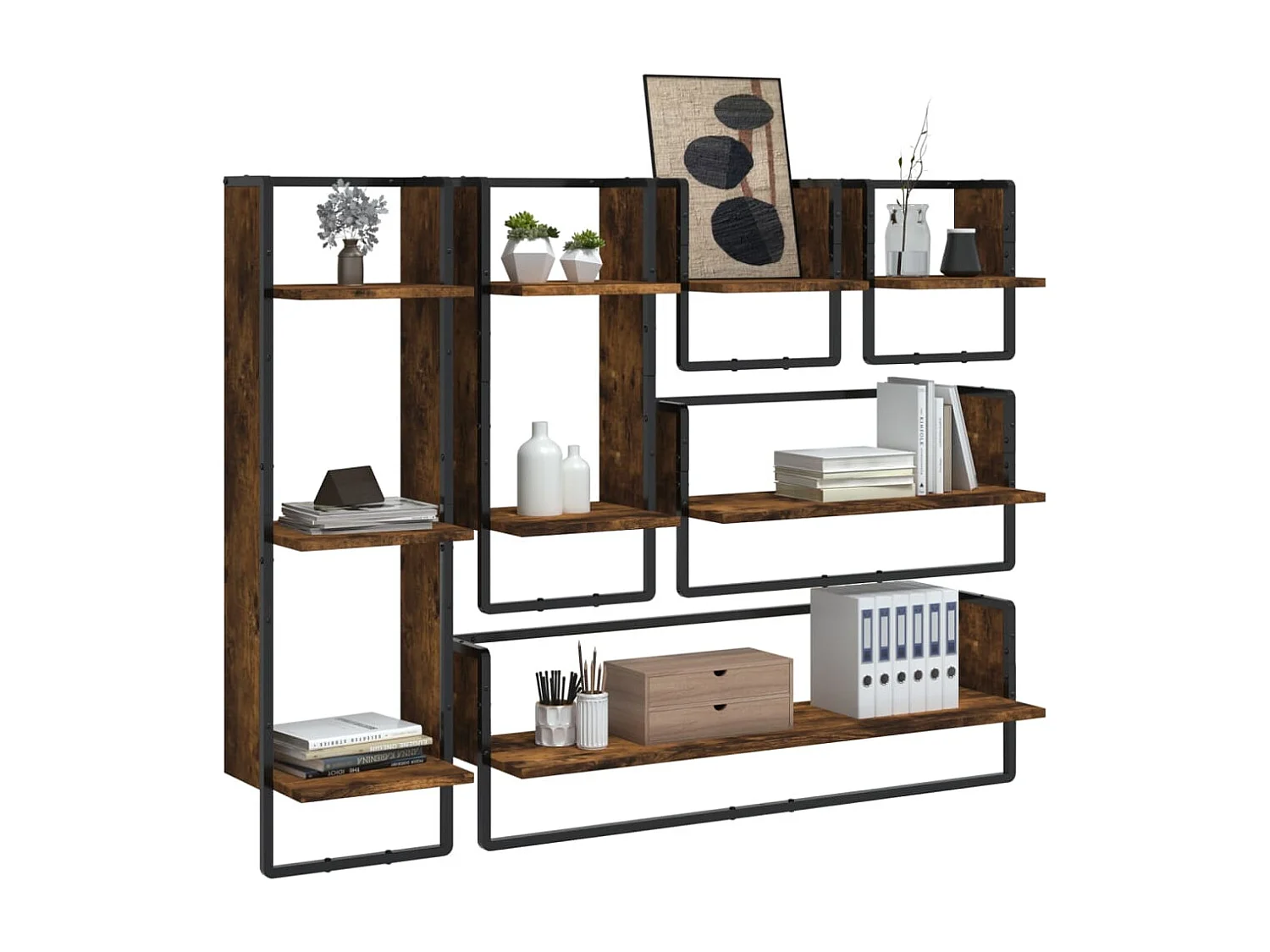 Ensemble d'étagères murales avec barres 6 pcs chêne fumé