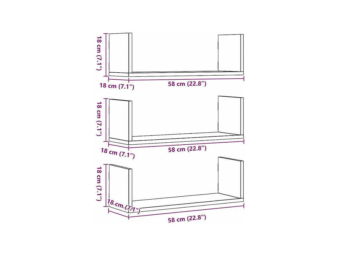 Étagères murales 3 pcs gris béton 58x18x18 bois d'ingénierie