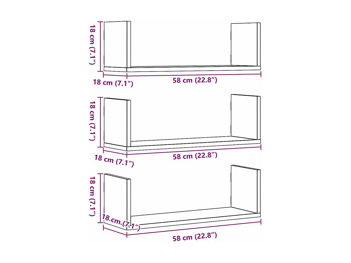 Étagères murales 3 pcs gris béton 58x18x18 bois d'ingénierie