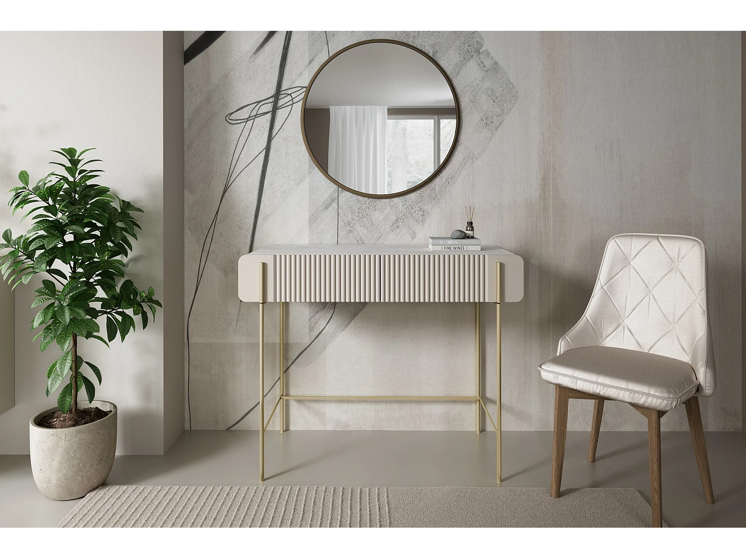 Consola de 2 gavetas com pés de metal em caxemira 100x85 cm