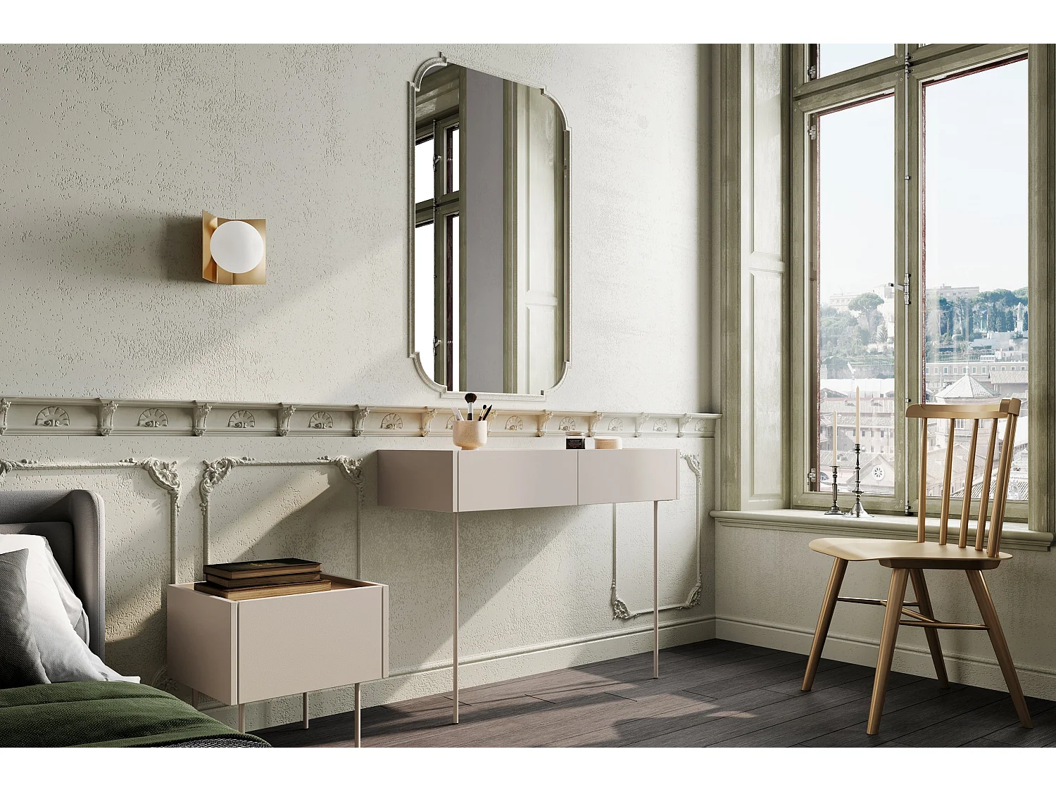 Consola 2 gavetas com pé metálico 100x83 cm