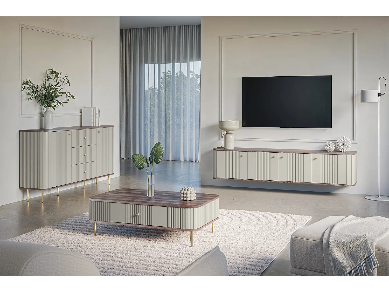 Mueble TV suspendido 4 puertas 187x36 cm