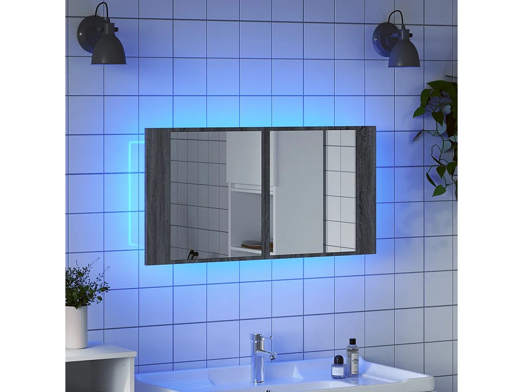 Armoire de salle de bain à miroir LED sonoma gris 90x12x45