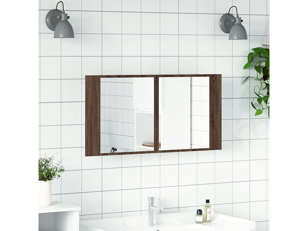 Armoire à miroir à LED de bain chêne marron 90x12x45