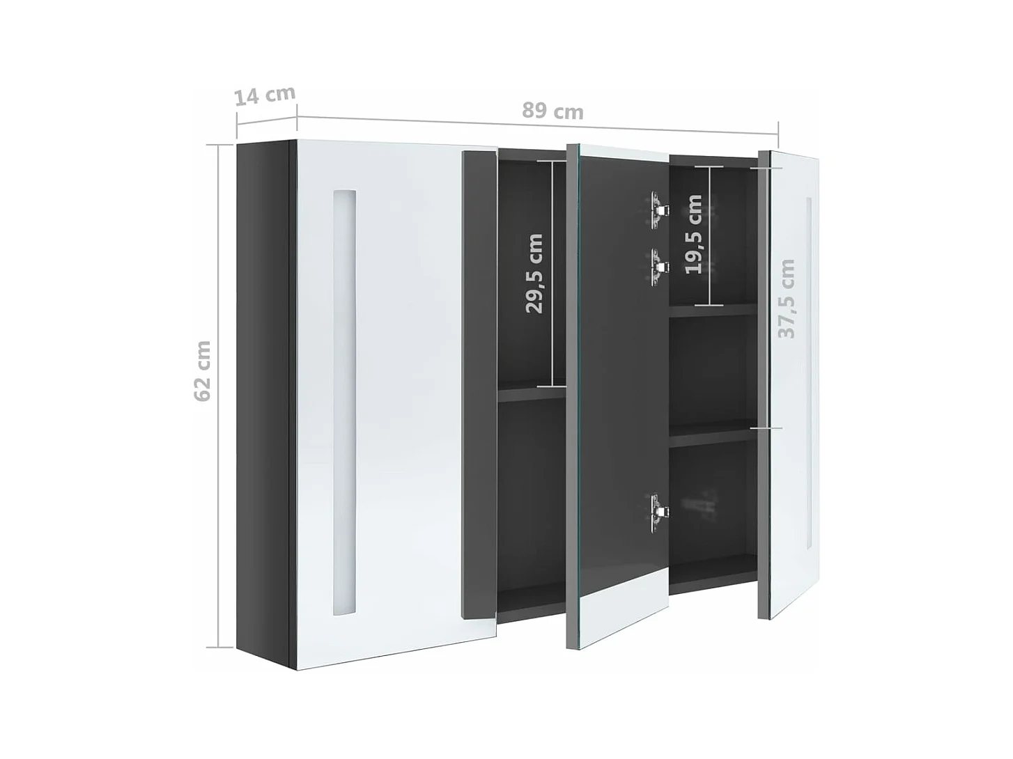 Armoire de salle de bain à miroir LED 89x14x62 Gris brillant