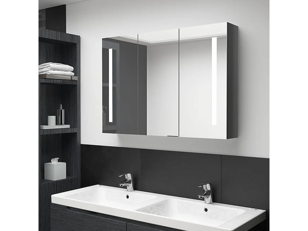 Armoire de salle de bain à miroir LED 89x14x62 Gris brillant