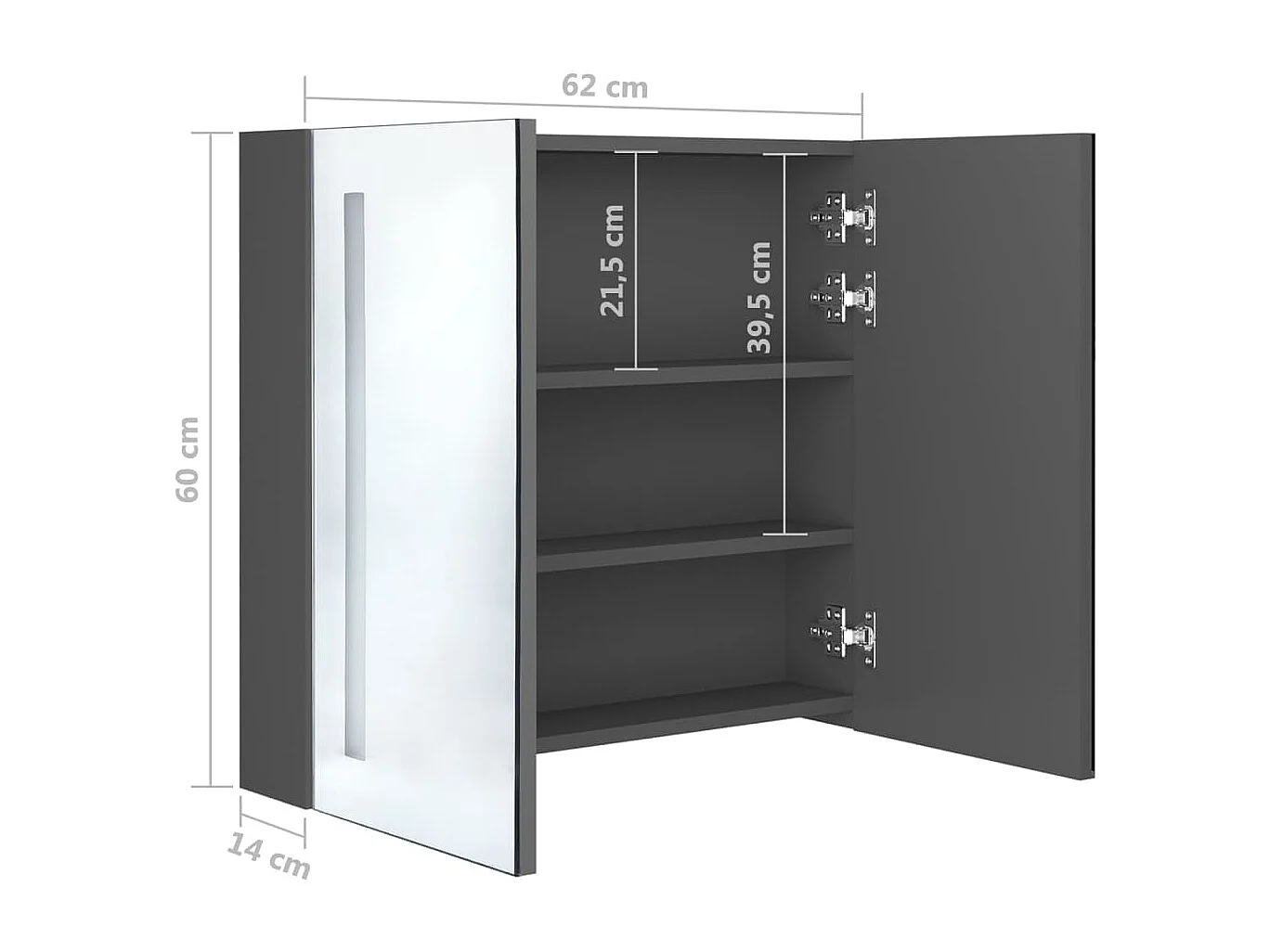 Armoire de salle de bain à miroir LED Gris 62x14x60