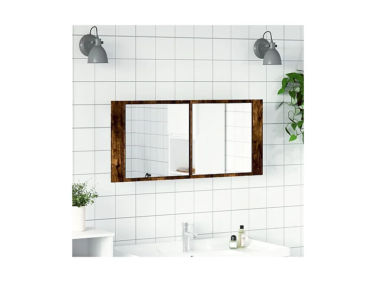 Armoire à miroir à LED de bain chêne fumé 100x12x45