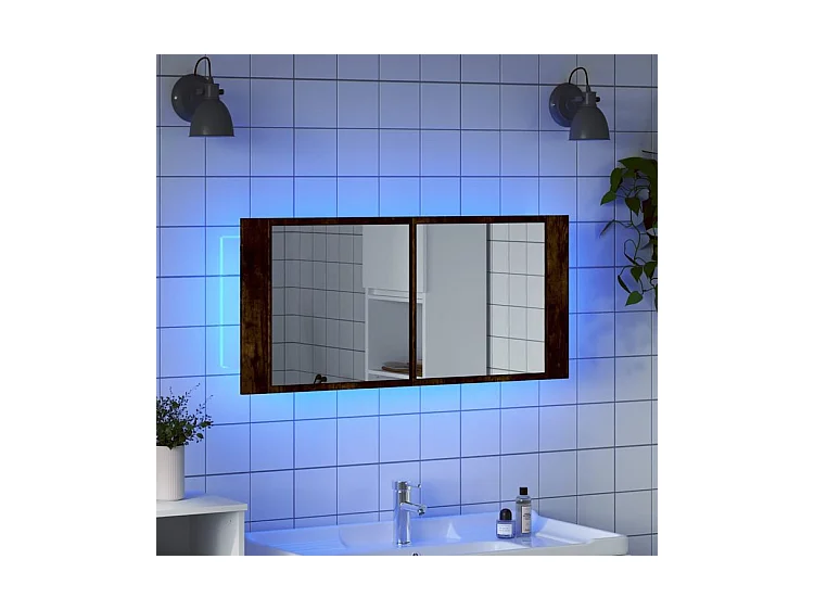 Armoire à miroir à LED de bain chêne fumé 100x12x45