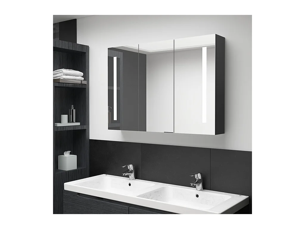 Armoire de salle de bain à miroir LED 89x14x62 Noir brillant