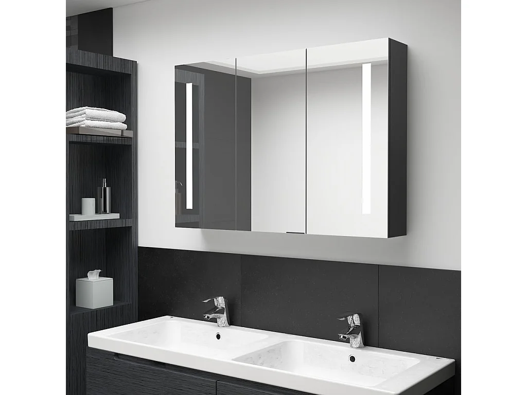 Armoire de salle de bain à miroir LED 89x14x62 Noir brillant