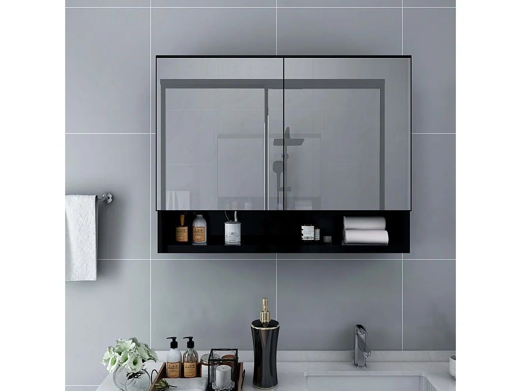 Armoire à miroir de salle de bain LED Noir 80x15x60 MDF