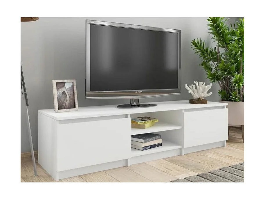 Meuble TV 2 portes 2 niches bois blanc brillant Cyna 140cm
