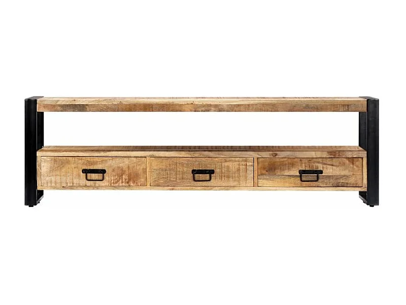 Meuble TV 3 tiroirs manguier massif clair et métal noir Maneci