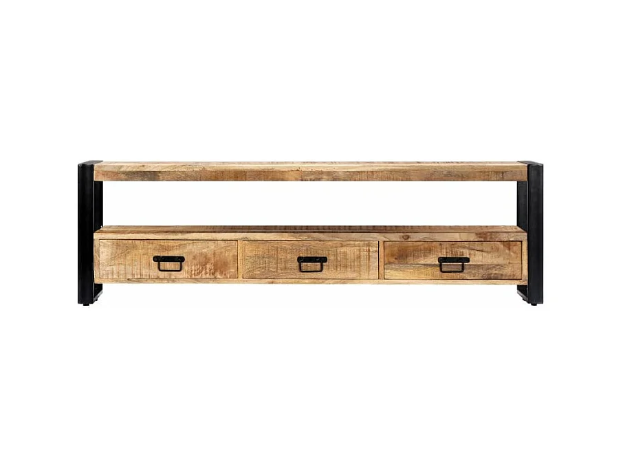 Meuble TV 3 tiroirs manguier massif clair et métal noir Maneci