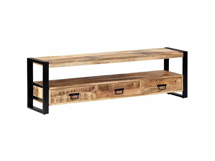 Meuble TV 3 tiroirs manguier massif clair et métal noir Maneci