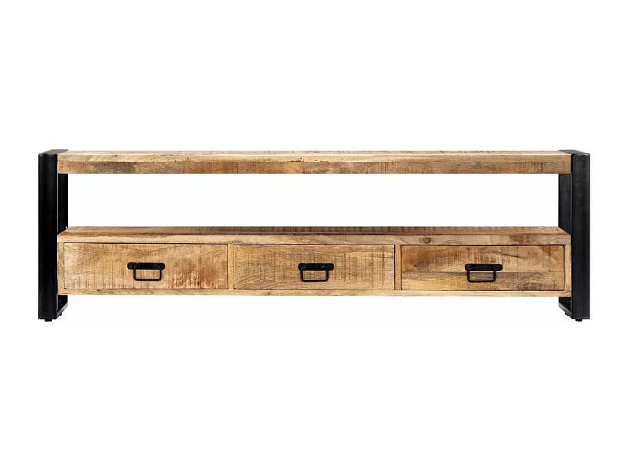 Meuble TV 3 tiroirs manguier massif clair et métal noir Maneci