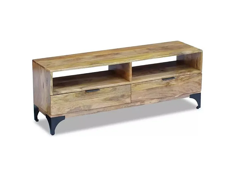 Meuble TV 2 niches 2 tiroirs manguier massif pieds métal Induka