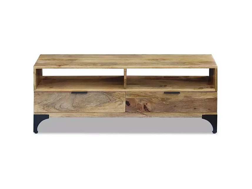 Meuble TV 2 niches 2 tiroirs manguier massif pieds métal Induka