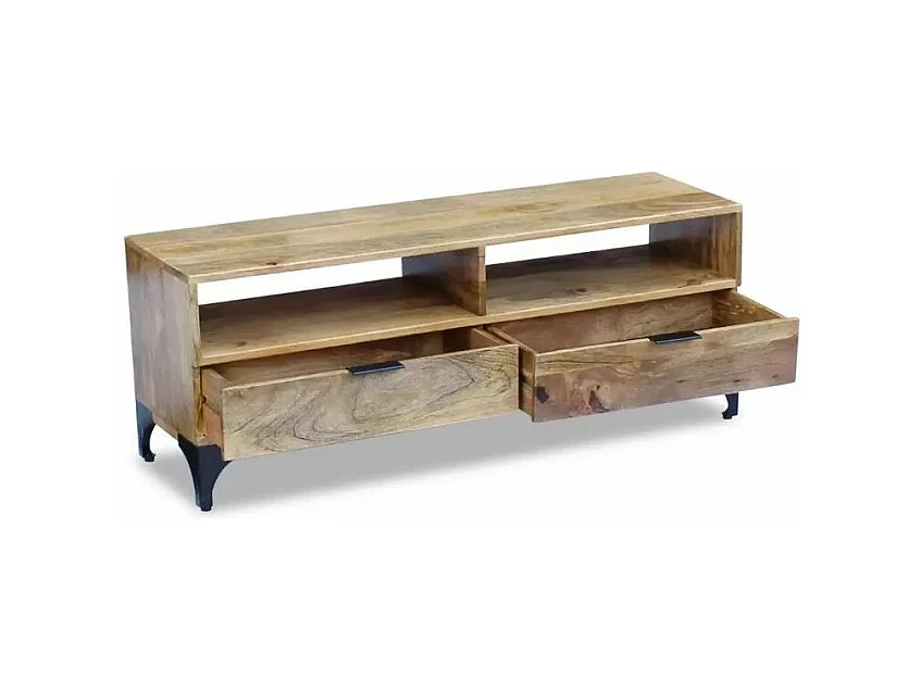 Meuble TV 2 niches 2 tiroirs manguier massif pieds métal Induka