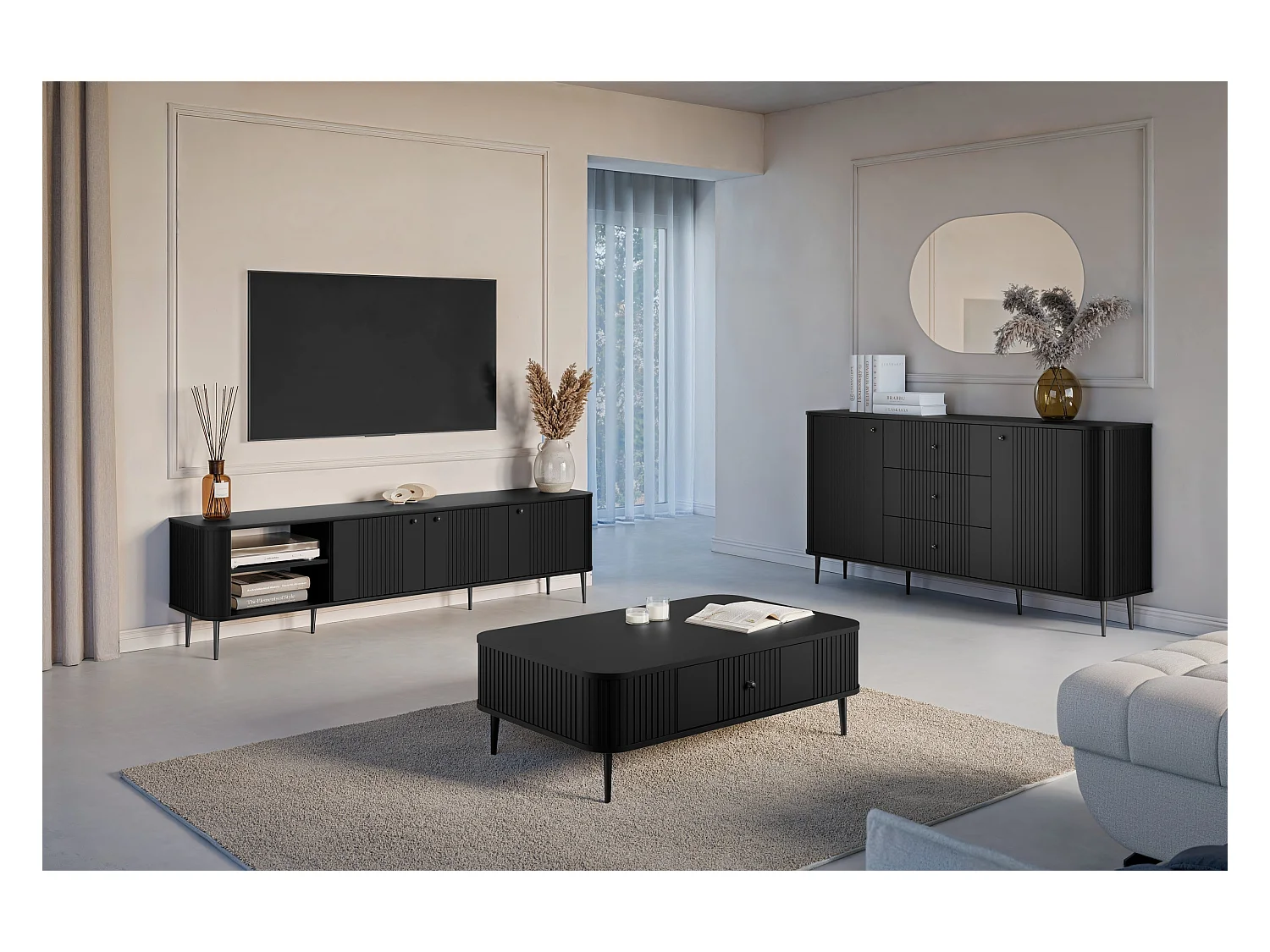 Mueble TV 3 puertas con pie metálico 187x51 cm