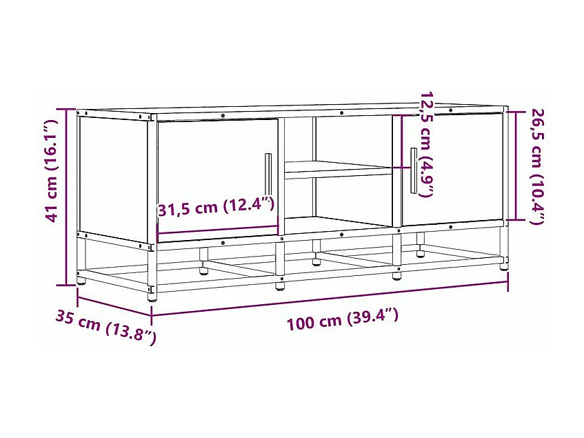 Meuble TV chêne fumé 100x35x41 bois d'ingénierie et métal