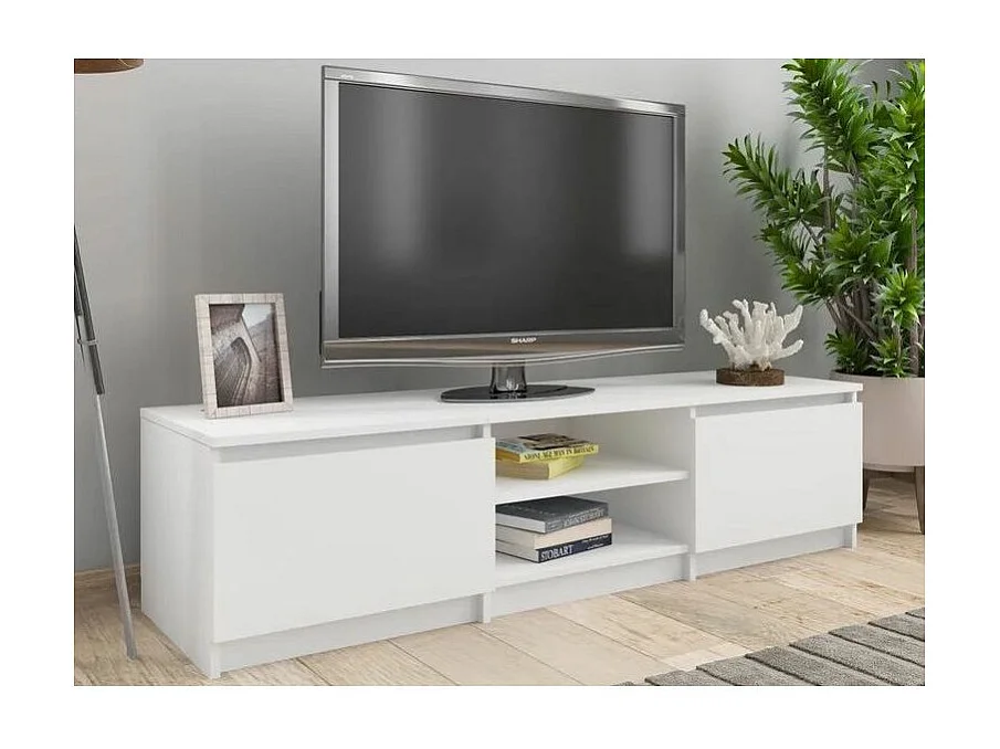 Meuble TV 2 portes 2 niches bois blanc Cyna 140cm