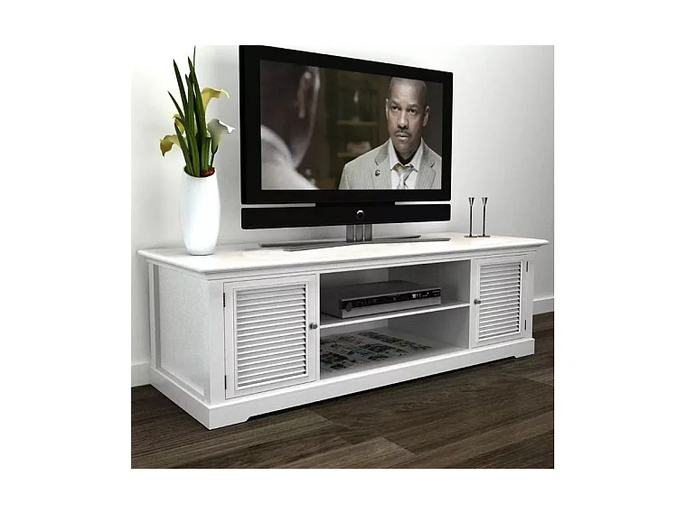 Meuble TV 2 portes et 2 niches pin massif blanc Frenchy