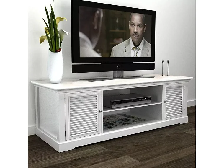 Meuble TV 2 portes et 2 niches pin massif blanc Frenchy