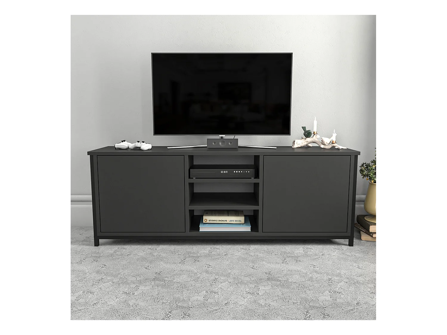 Industriële tv-kast, zwart en antraciet, 140 x 35,3 x 50,8 cm | 100% melamine gecoate spaanplaat, 18 mm dik | Stijlvol en duurzaam voor moderne woonkamers
