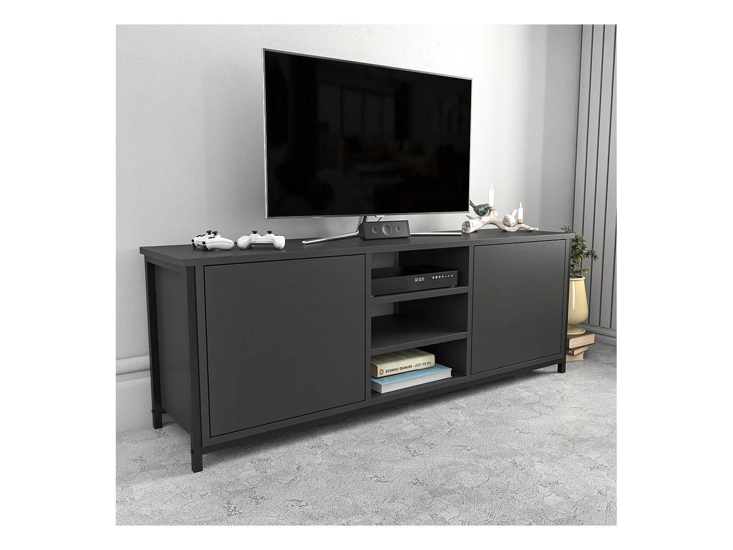 Industriële tv-kast, zwart en antraciet, 140 x 35,3 x 50,8 cm | 100% melamine gecoate spaanplaat, 18 mm dik | Stijlvol en duurzaam voor moderne woonkamers