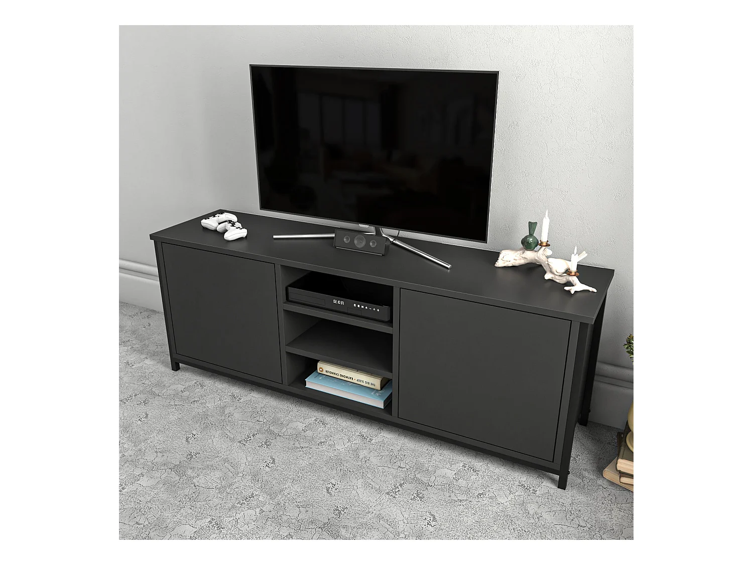 Industriële tv-kast, zwart en antraciet, 140 x 35,3 x 50,8 cm | 100% melamine gecoate spaanplaat, 18 mm dik | Stijlvol en duurzaam voor moderne woonkamers