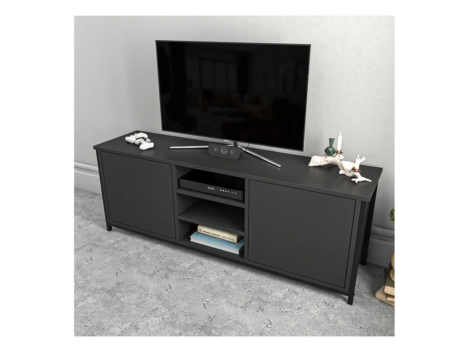 Industriële tv-kast, zwart en antraciet, 140 x 35,3 x 50,8 cm | 100% melamine gecoate spaanplaat, 18 mm dik | Stijlvol en duurzaam voor moderne woonkamers