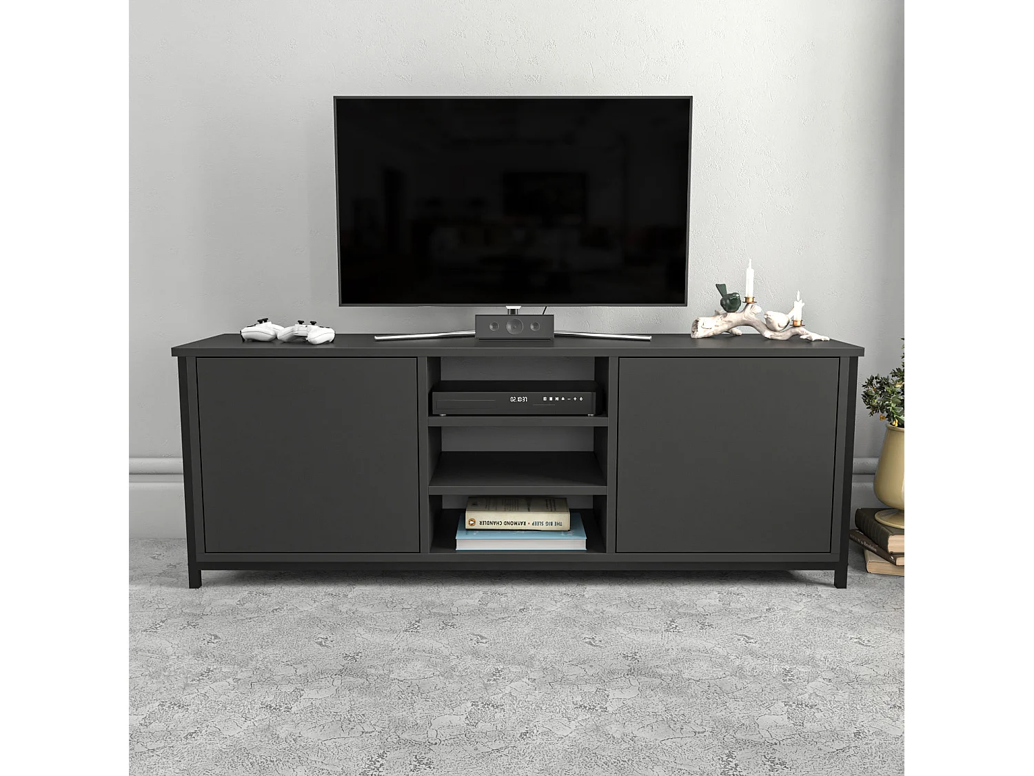 Meuble TV 2 portes 2 étagères acier noir et bois anthracite Klazika 140cm