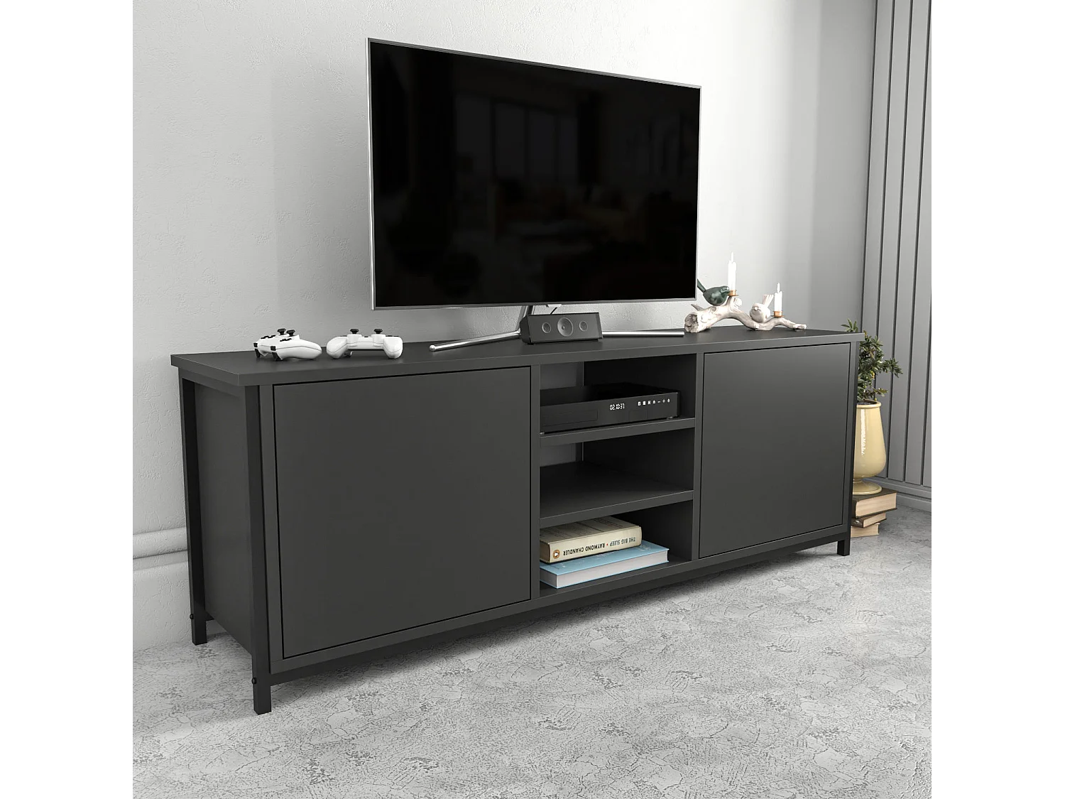 Meuble TV 2 portes 2 étagères acier noir et bois anthracite Klazika 140cm