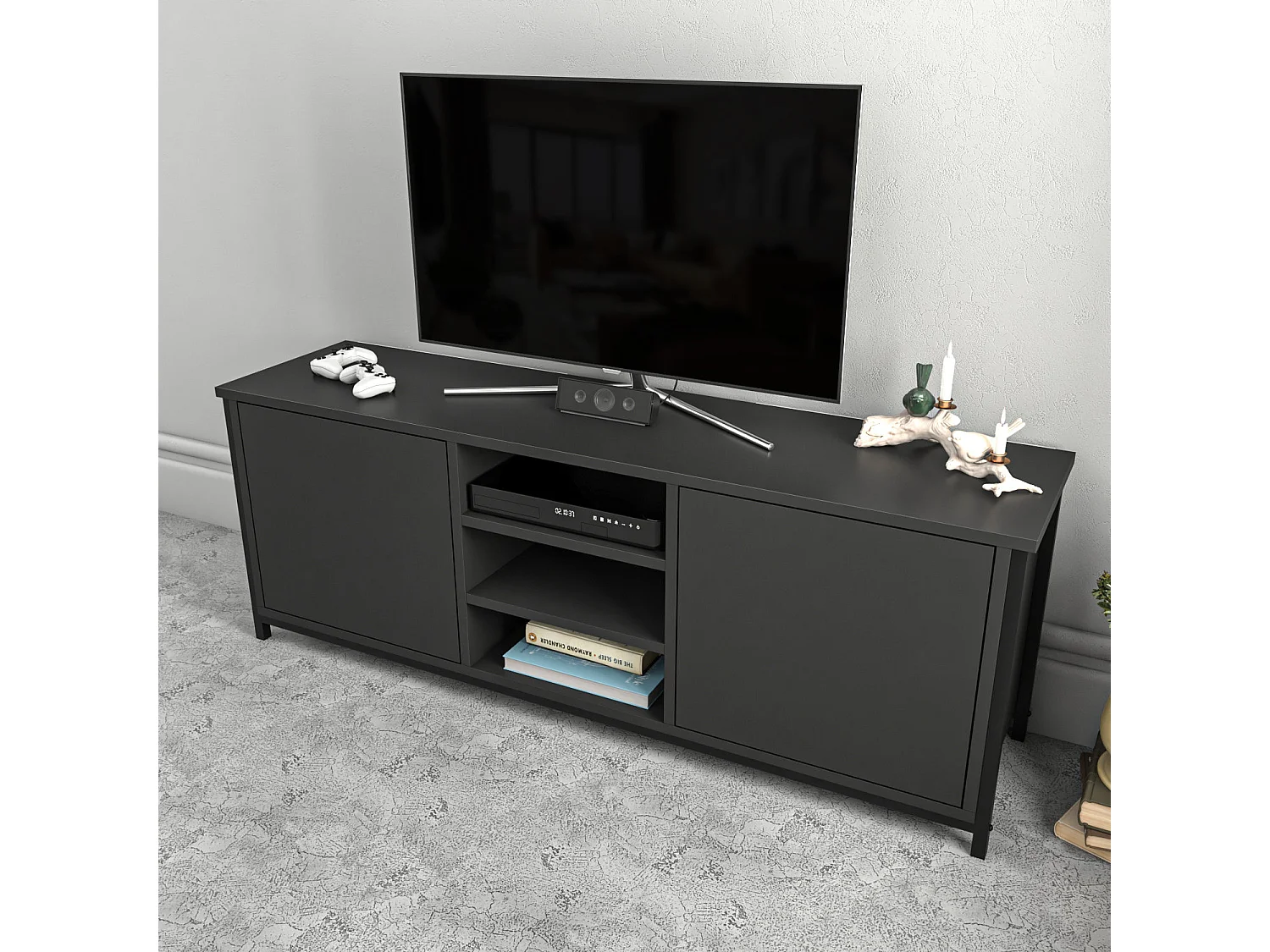 Meuble TV 2 portes 2 étagères acier noir et bois anthracite Klazika 140cm