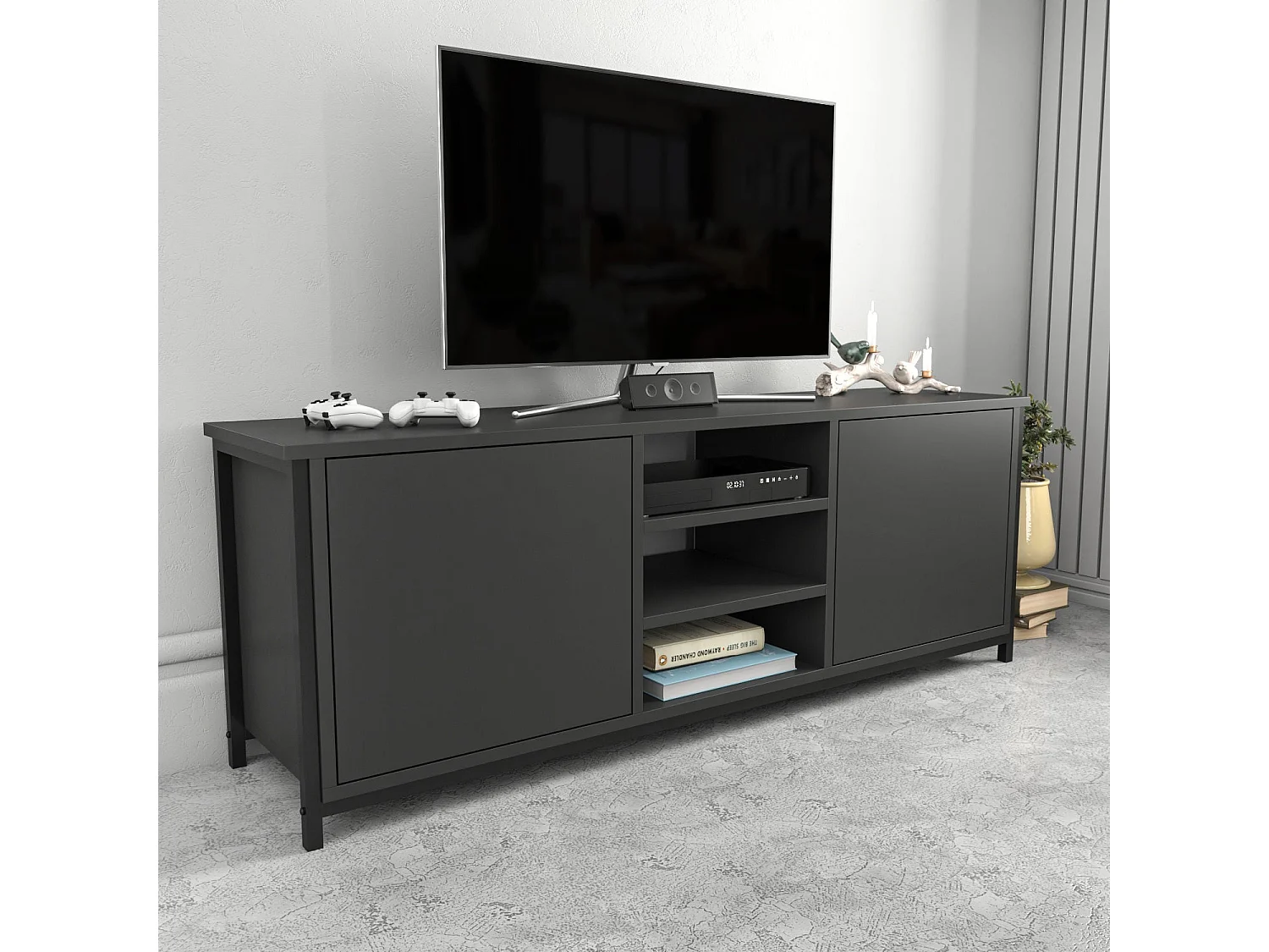 Meuble TV 2 portes 2 étagères acier noir et bois anthracite Klazika 140cm