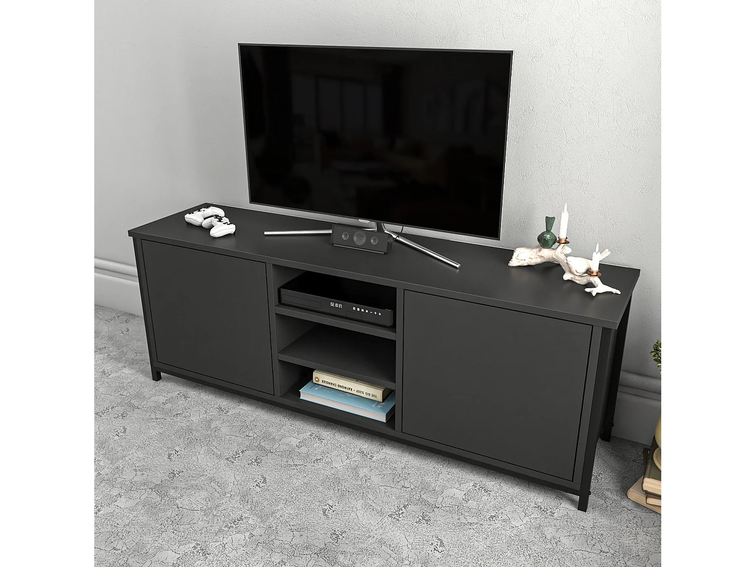 Meuble TV 2 portes 2 étagères acier noir et bois anthracite Klazika 140cm