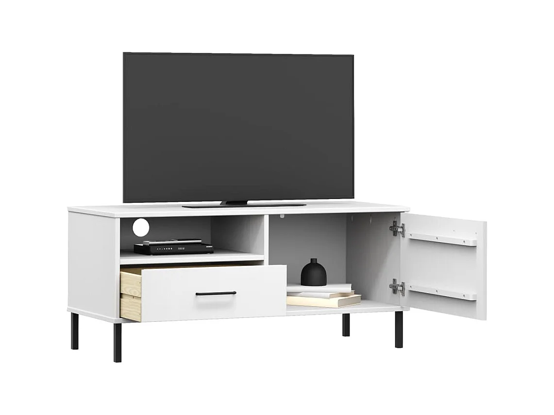 Meuble TV avec pieds en métal Blanc Bois de pin massif OSLO