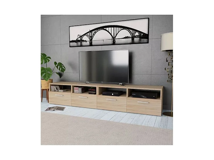 Meuble TV 4 portes 4 niches bois chêne clair Chickie L190xH36xP35