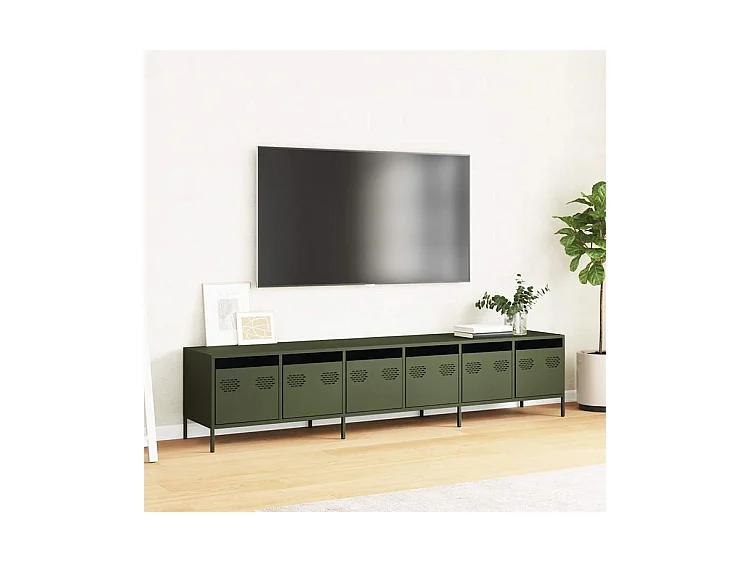 Meuble TV vert olive 202x39x43,5 acier laminé à froid