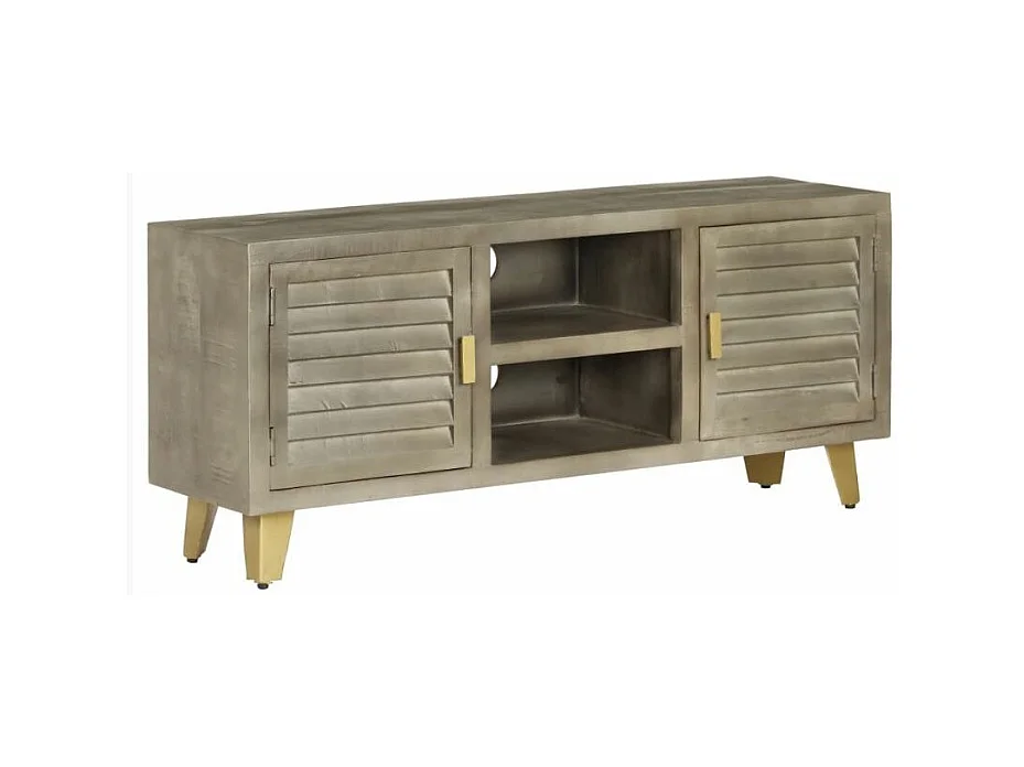 Meuble TV 2 portes manguier foncé et pieds métal doré Heintz