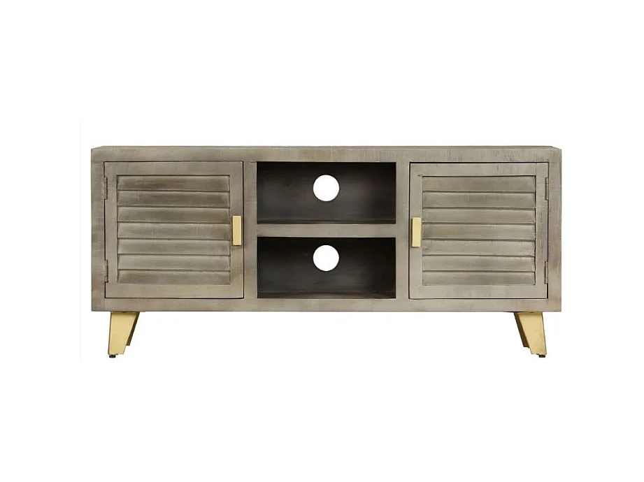 Meuble TV 2 portes manguier foncé et pieds métal doré Heintz