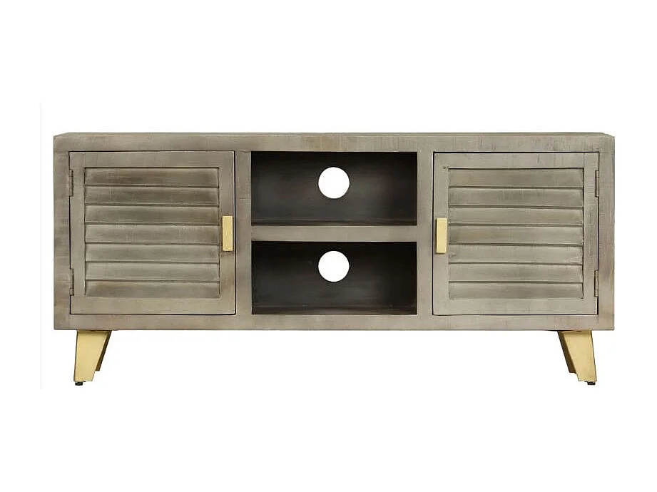 Meuble TV 2 portes manguier foncé et pieds métal doré Heintz