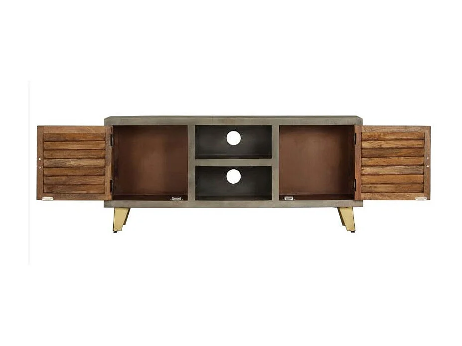 Meuble TV 2 portes manguier foncé et pieds métal doré Heintz