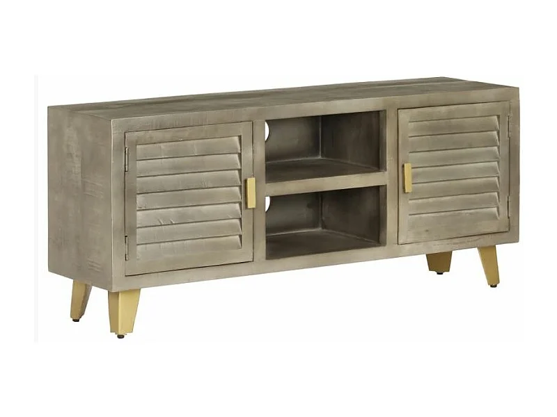 Meuble TV 2 portes manguier foncé et pieds métal doré Heintz