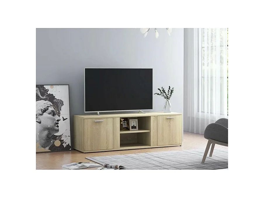Meuble TV 2 portes 2 niches bois chêne clair Syllo 120cm