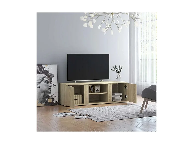 Meuble TV 2 portes 2 niches bois chêne clair Syllo 120cm