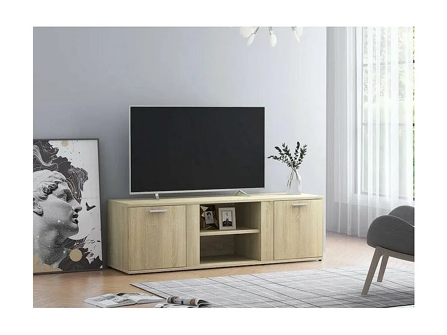 Meuble TV 2 portes 2 niches bois chêne clair Syllo 120cm