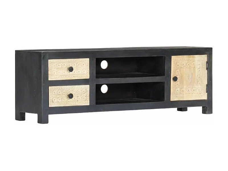 Meuble TV 3 portes manguier massif clair et gris Misty